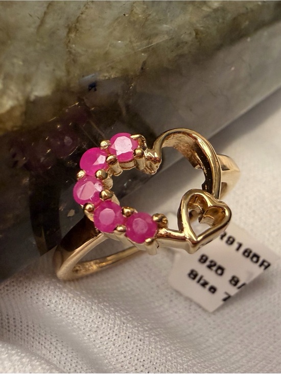 925 Sterling Silver Jewelry - 14K Yellow Gold plated 925 Sterling Silver Heart Ring with Pink Rubies Size 7